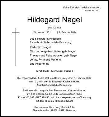 Traueranzeige von Hildegard Nagel von Nordwest-Zeitung