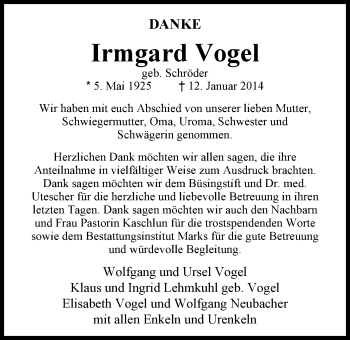 Traueranzeige von Irmgard Vogel von Nordwest-Zeitung