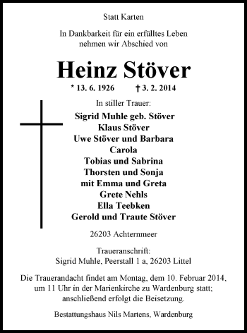 Traueranzeige von Heinz Stöver von Nordwest-Zeitung