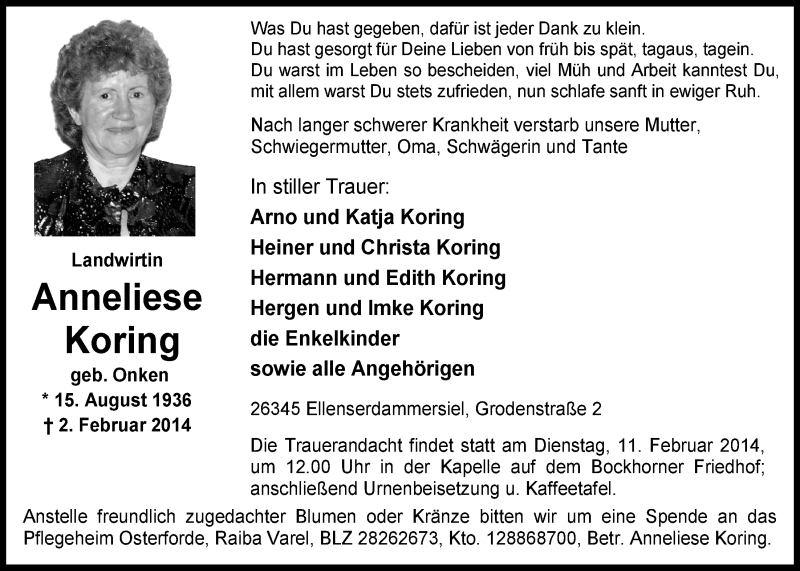  Traueranzeige für Anneliese Koring vom 08.02.2014 aus Nordwest-Zeitung