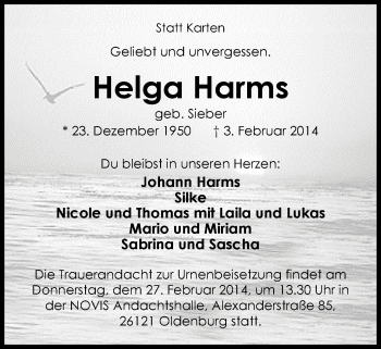 Traueranzeige von Helga Harms von Nordwest-Zeitung