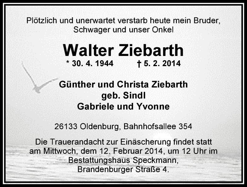  Traueranzeige für Walter Zierbarth vom 08.02.2014 aus Nordwest-Zeitung