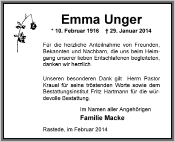 Traueranzeige von Emma Unger von Nordwest-Zeitung