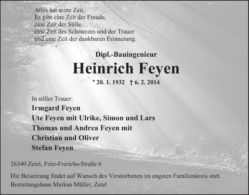  Traueranzeige für Heinrich Feyen vom 08.02.2014 aus Nordwest-Zeitung
