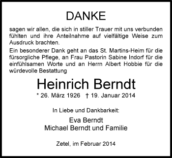 Traueranzeige von Heinrich Berndt von Nordwest-Zeitung