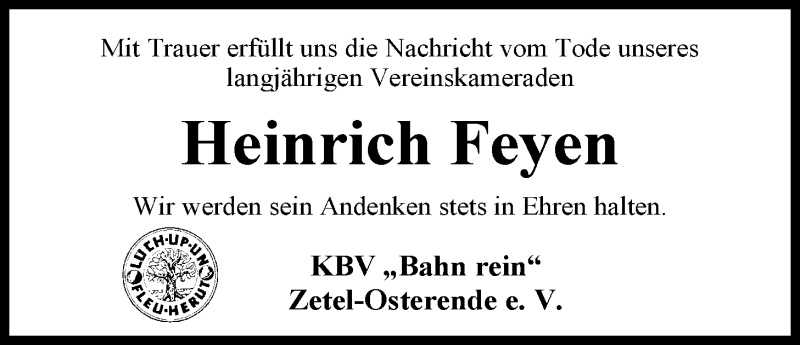  Traueranzeige für Heinrich Feyen vom 10.02.2014 aus Nordwest-Zeitung