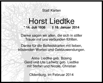 Traueranzeige von Horst Liedtke von Nordwest-Zeitung