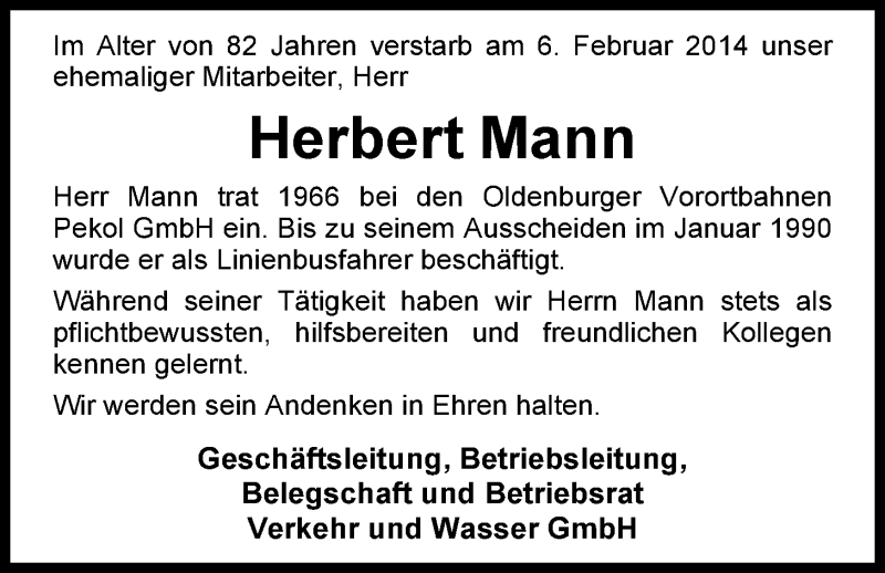  Traueranzeige für Herbert Mann vom 11.02.2014 aus Nordwest-Zeitung