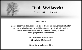 Traueranzeige von Rudi Weibrecht von Nordwest-Zeitung