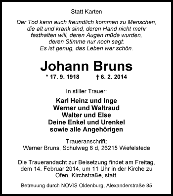 Traueranzeige von Johann Bruns von Nordwest-Zeitung