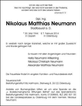 Traueranzeige von Nikolaus Matthias Neumann von Nordwest-Zeitung