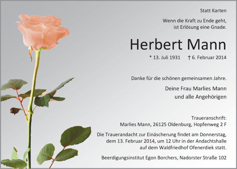  Traueranzeige für Herbert Mann vom 11.02.2014 aus Nordwest-Zeitung