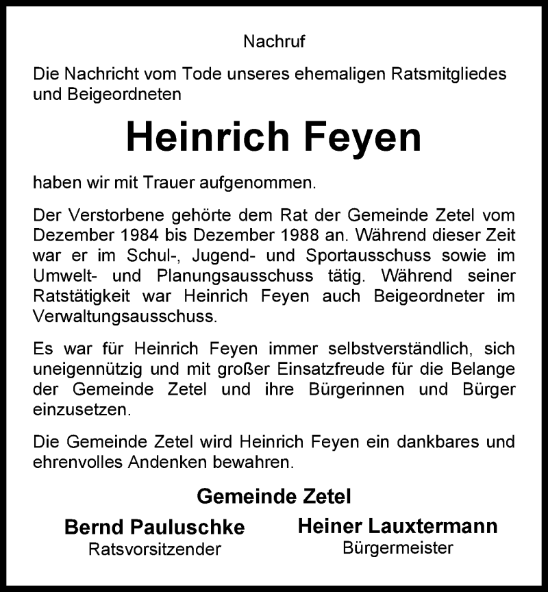  Traueranzeige für Heinrich Feyen vom 11.02.2014 aus Nordwest-Zeitung