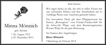 Traueranzeige von Minna Mönnich von Nordwest-Zeitung