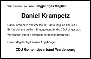 Traueranzeige von Daniel Krampetz von Nordwest-Zeitung