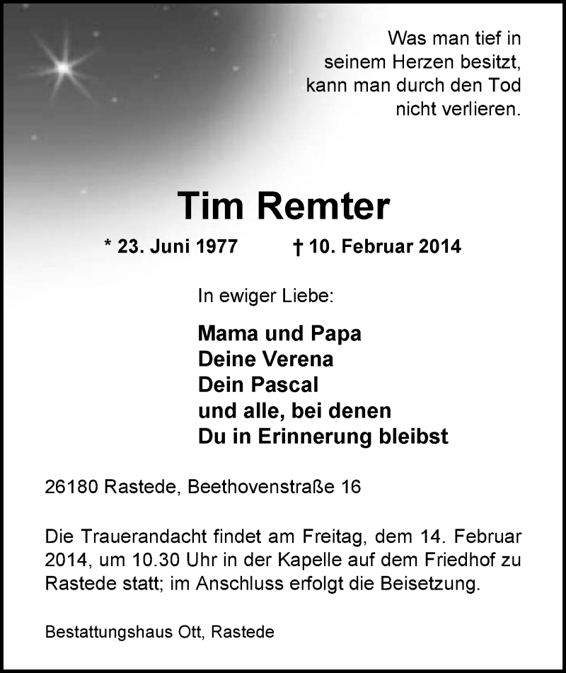  Traueranzeige für Tim Remter vom 12.02.2014 aus Nordwest-Zeitung