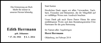 Traueranzeige von Edith Herrmann von Nordwest-Zeitung