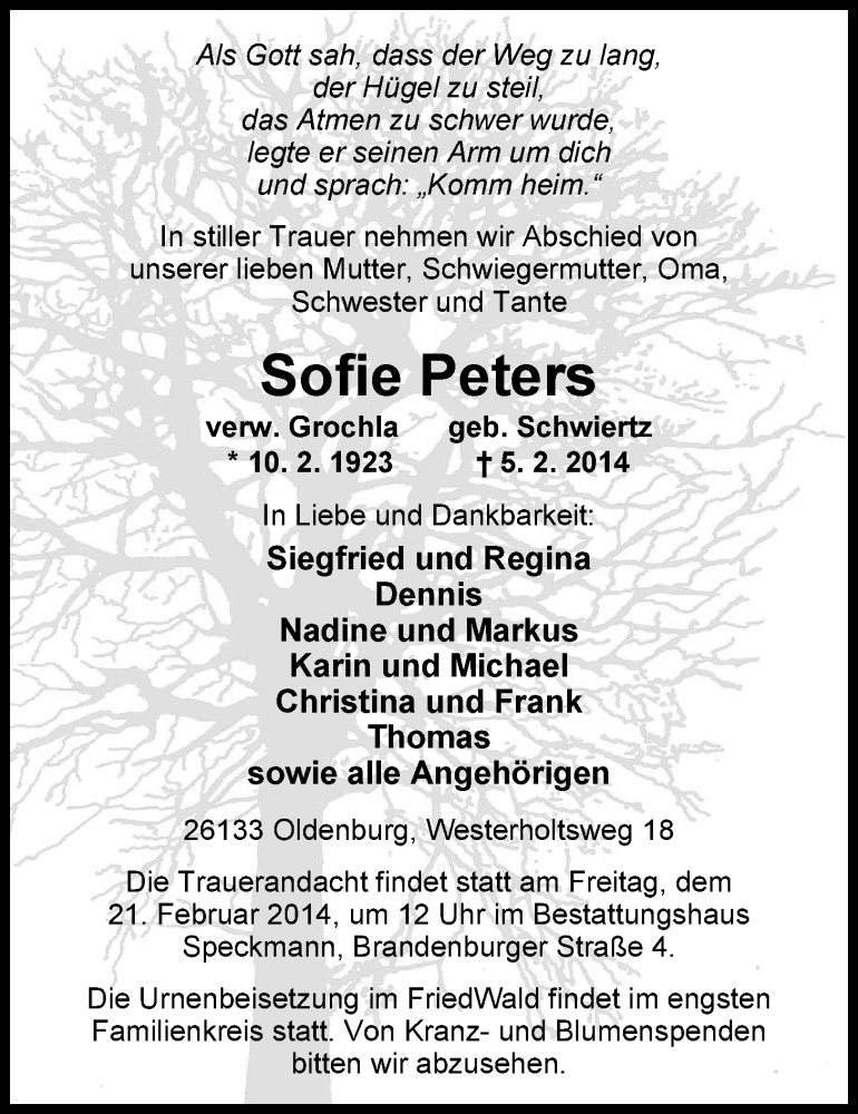  Traueranzeige für Sofie Peters vom 14.02.2014 aus Nordwest-Zeitung