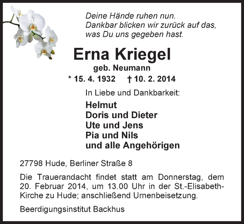  Traueranzeige für Erna Kriegel vom 13.02.2014 aus Nordwest-Zeitung