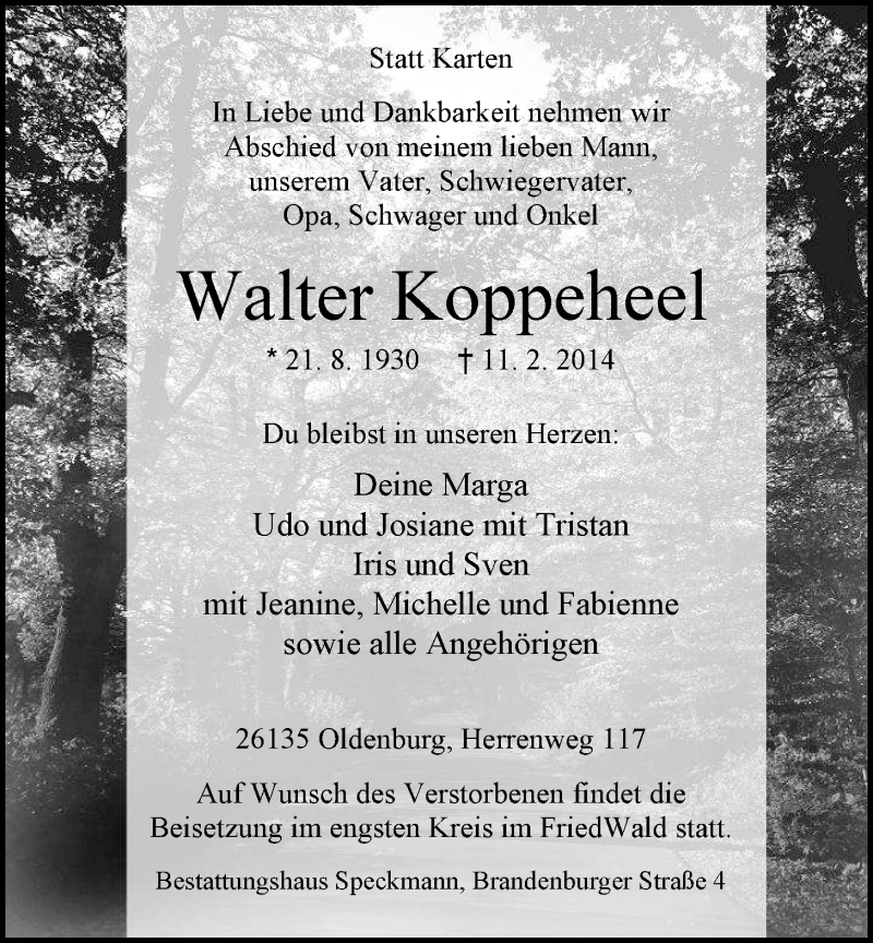  Traueranzeige für Walter Koppeheel vom 15.02.2014 aus Nordwest-Zeitung