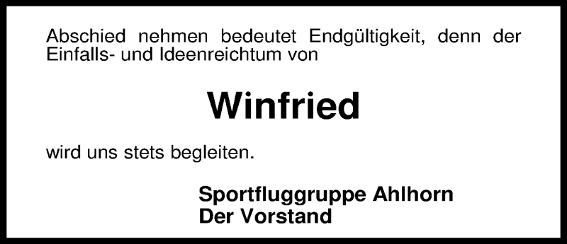  Traueranzeige für Winfried  vom 13.02.2014 aus Nordwest-Zeitung
