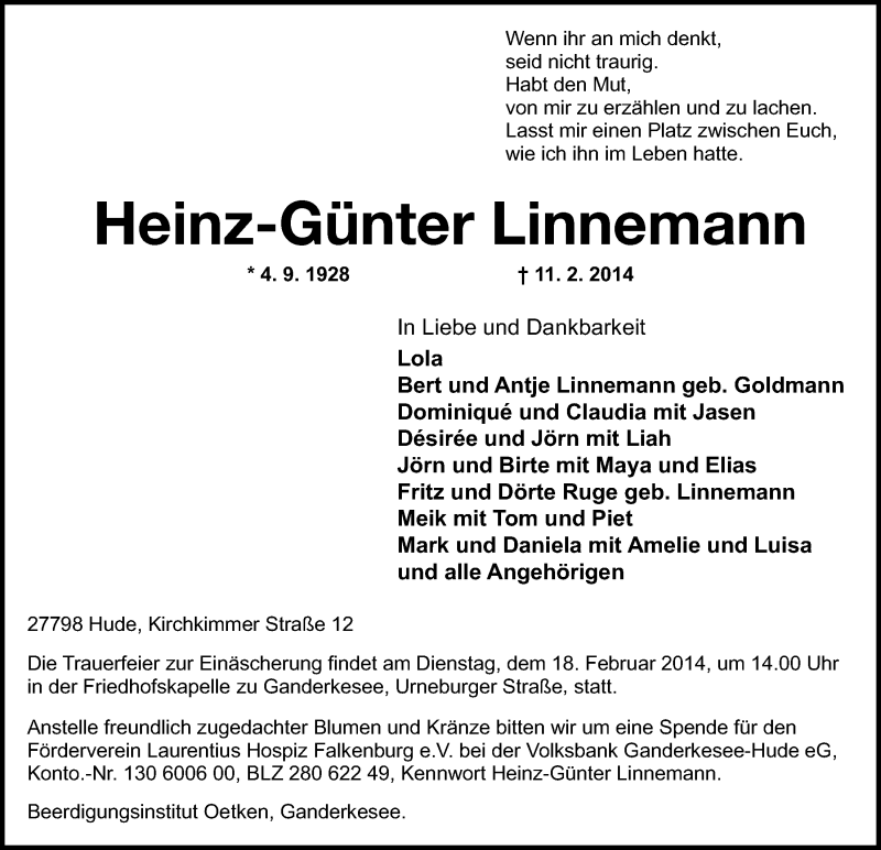  Traueranzeige für Heinz Günter Linnemann vom 13.02.2014 aus Nordwest-Zeitung