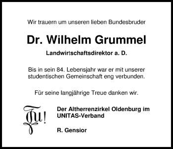 Traueranzeige von Dr. Wilhelm Grummel von Nordwest-Zeitung