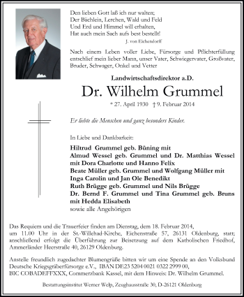 Traueranzeige von Dr. Wilhelm Grummel von Nordwest-Zeitung