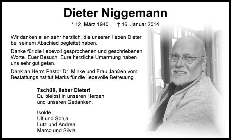  Traueranzeige für Dieter Niggemann vom 15.02.2014 aus Nordwest-Zeitung