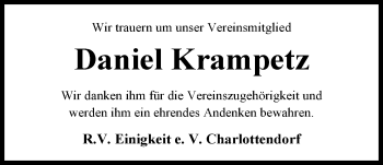 Traueranzeige von Daniel Krampetz von Nordwest-Zeitung