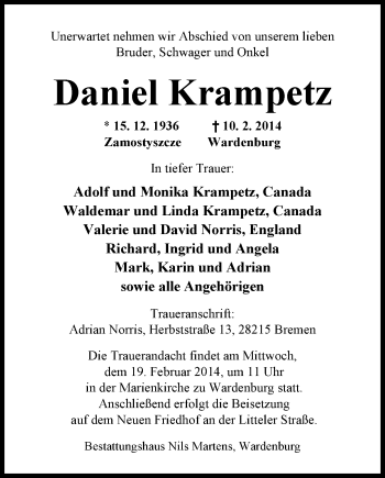 Traueranzeige von Daniel Krampetz von Nordwest-Zeitung