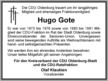 Traueranzeige von Hugo Gote von Nordwest-Zeitung