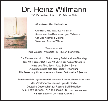 Traueranzeige von Heinz Willmann von Nordwest-Zeitung