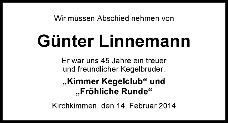  Traueranzeige für Heinz Günter Linnemann vom 14.02.2014 aus Nordwest-Zeitung