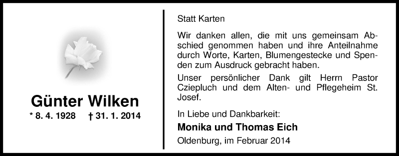  Traueranzeige für Günter Wilken vom 15.02.2014 aus Nordwest-Zeitung