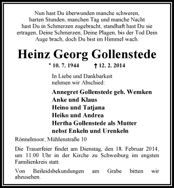 Traueranzeige von Heinz-Georg Gollenstede von Nordwest-Zeitung