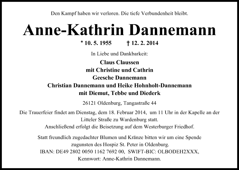  Traueranzeige für Anne-Kathrin Dannemann vom 15.02.2014 aus Nordwest-Zeitung