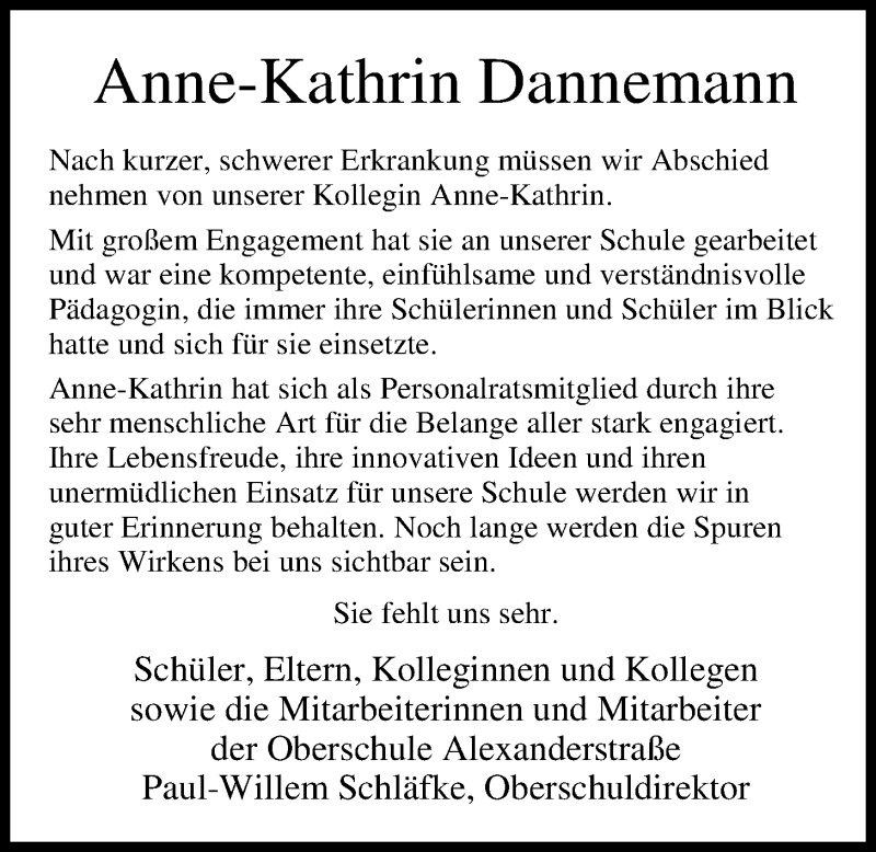  Traueranzeige für Anne-Kathrin Dannemann vom 15.02.2014 aus Nordwest-Zeitung