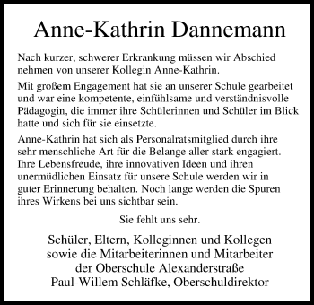 Traueranzeige von Anne-Kathrin Dannemann von Nordwest-Zeitung