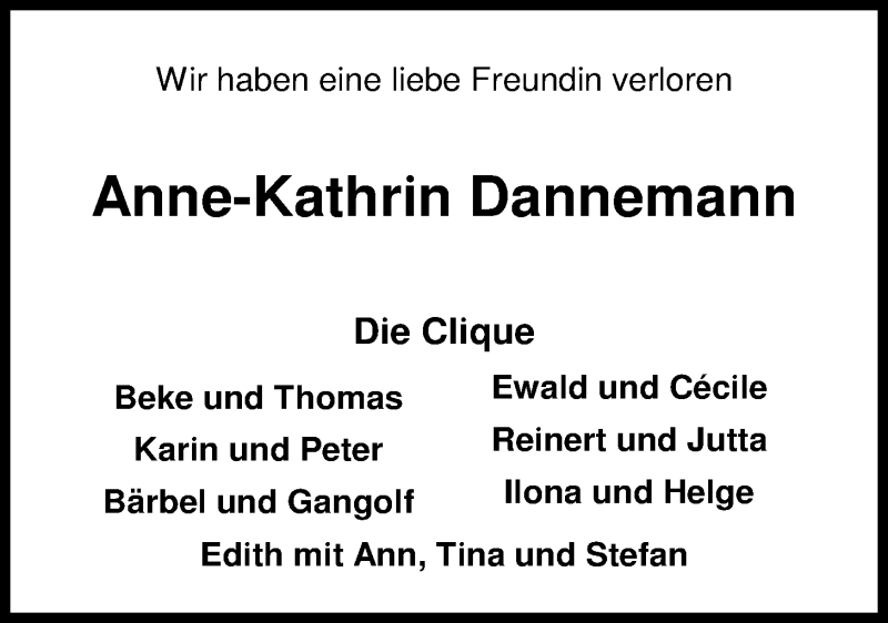  Traueranzeige für Anne-Kathrin Dannemann vom 15.02.2014 aus Nordwest-Zeitung