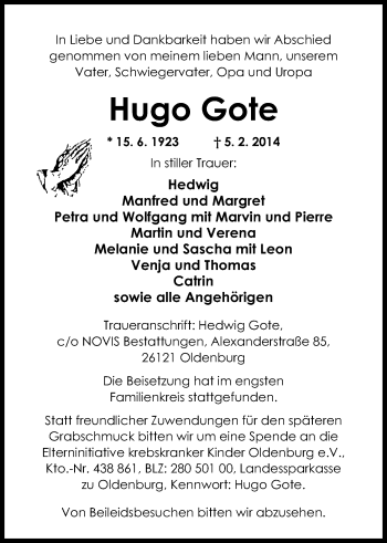 Traueranzeige von Hugo Gote von Nordwest-Zeitung