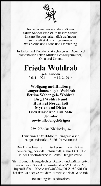 Traueranzeige von Frieda Wohlrab von Nordwest-Zeitung