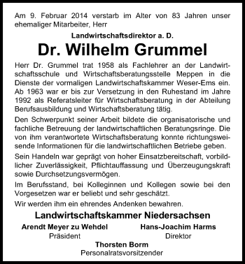 Traueranzeige von Dr. Wilhelm Grummel von Nordwest-Zeitung