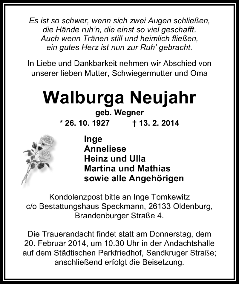  Traueranzeige für Walburga Neujahr vom 15.02.2014 aus Nordwest-Zeitung