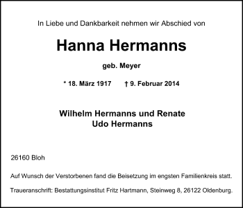 Traueranzeige von Hanna Hermanns von Nordwest-Zeitung