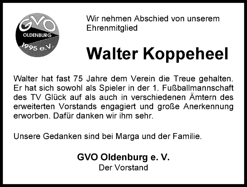  Traueranzeige für Walter Koppeheel vom 18.02.2014 aus Nordwest-Zeitung