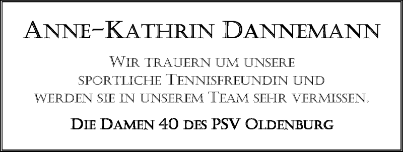  Traueranzeige für Anne-Kathrin Dannemann vom 18.02.2014 aus Nordwest-Zeitung