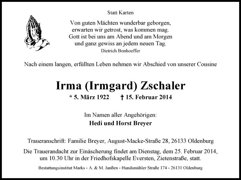  Traueranzeige für Irma Zschaler vom 19.02.2014 aus Nordwest-Zeitung