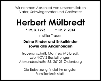 Traueranzeige von Herbert Mülbredt von Nordwest-Zeitung