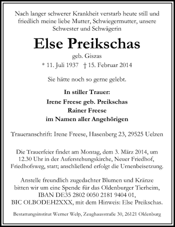 Traueranzeige von Else Preikschas von Nordwest-Zeitung